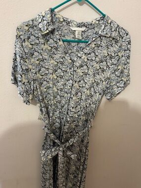 H&M Light Blue and Cream Floral Button-Front Dress